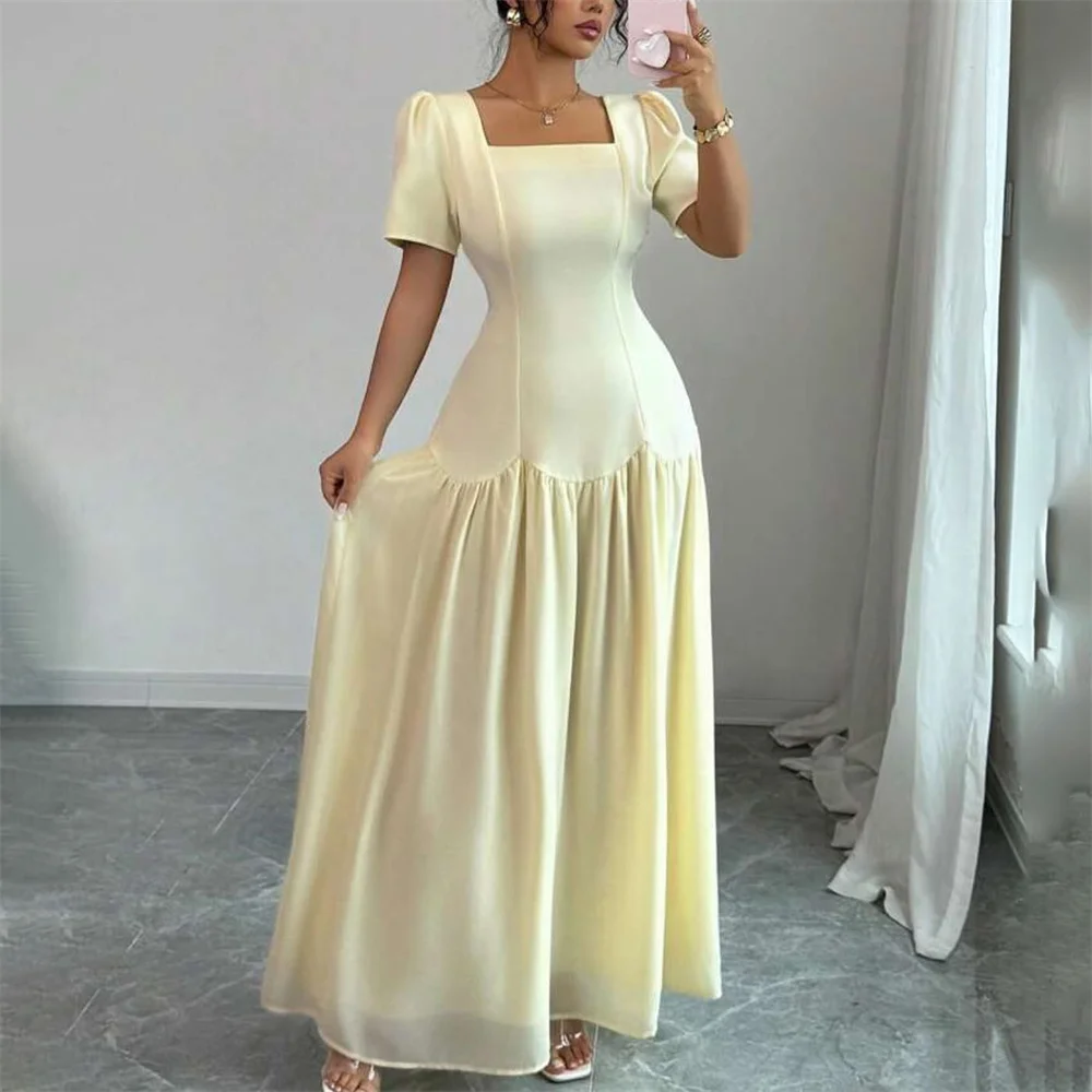 

ROYET Simple Square Neck Short Sleeve Mermaid Evening Dress Pleat Ankle Length Formal Long Prom Gown For Woman Customized