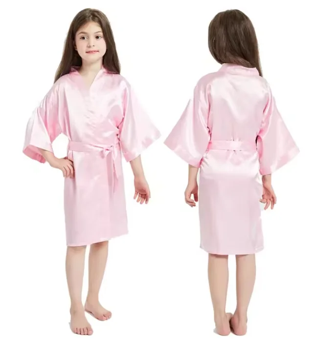 Peignoir rose en satin pour filles, vêtements de nuit pour enfants, chemise de nuit d\'été pour filles, kimono pour enfants, robe de soirée spa de