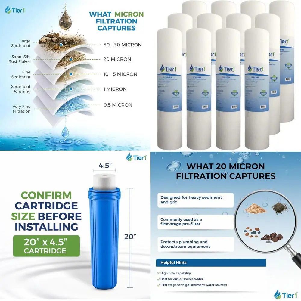 

Картридж для фильтра осадочного типа для всего дома, 20 микрон, 20x4,5 дюйма, упаковка из 12 штук, сменный