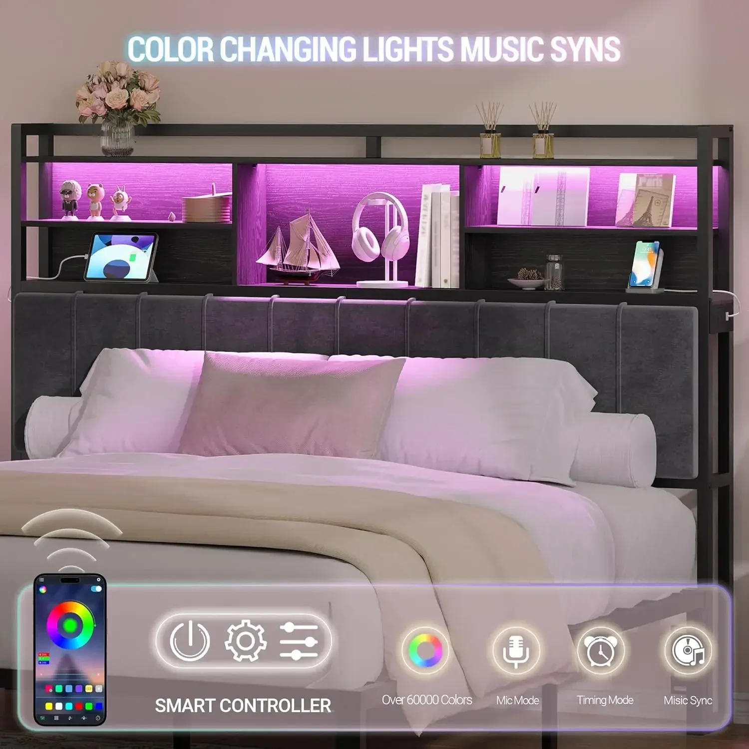 Headboard with 3-Tier Storage Shelves, Velvet Upholstered Head Board with 2 Outlets, USB Ports & LED Light, Soft Backrest for Ki - view 5