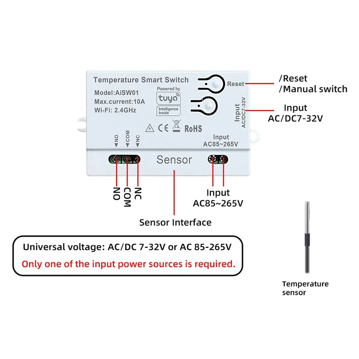 AB53 Tuya WiFi Temperature Switch Sensor 2.4G WiFi Temperature Switch Sensor Smart Switch with 1M Temperature Probe