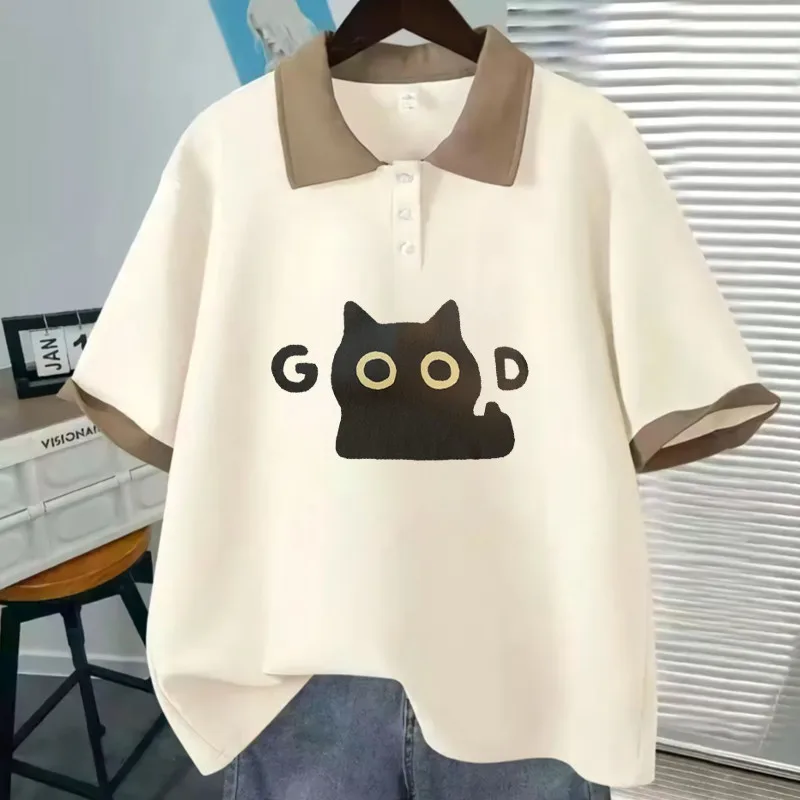 

Летняя японская футболка-поло с коротким рукавом — свободный крой с забавным мультяшным принтом большого размера