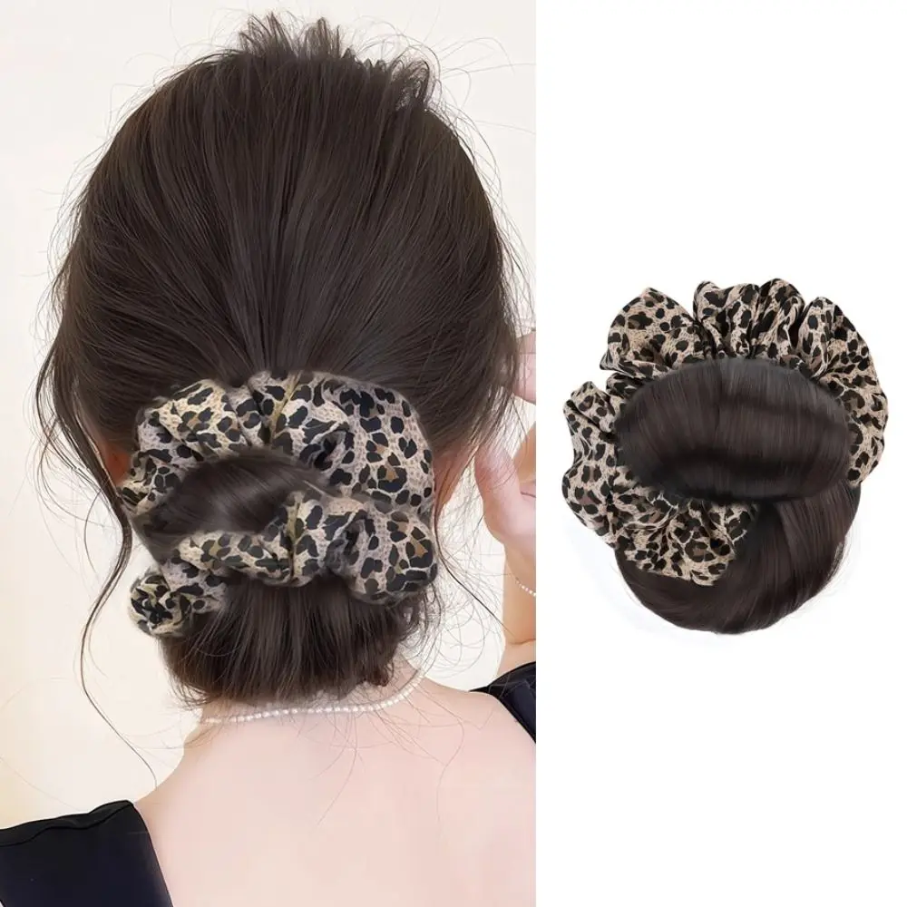 Jepit Rambut Sintetis Model Sanggul Motif Leopard dengan Ikat Rambut Wig Jepit Rambut Palsu Cokelat Mengembang Aksesoris Rambut