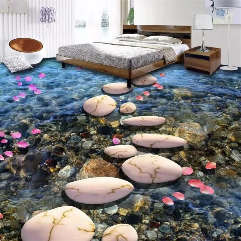 Custom floor painting 3d wallpapers self-adhesive decorative painting stone path cobblestone petals living room bathroom floor