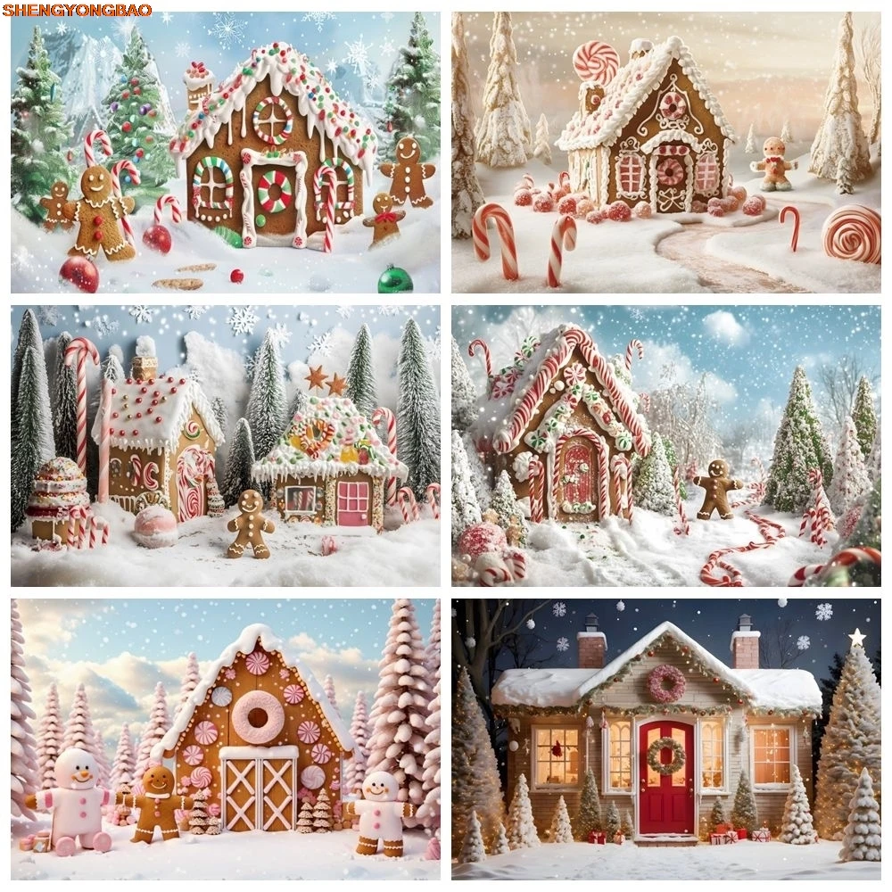 

Christmas Gingerbread Man House Backdrop Candy Cane Winter Snow Pine Tree Baby Kids Portrait Photography Background Decor Banner