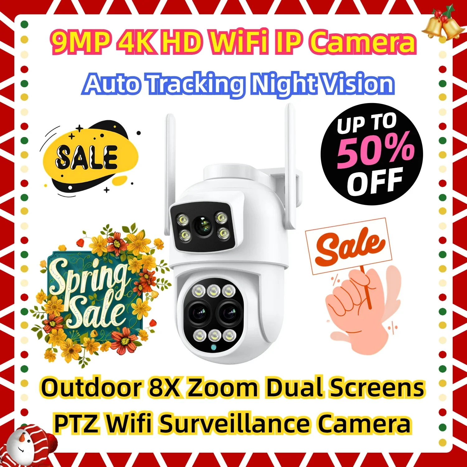 

Outdoor 8X Zoom Dual Screens PTZ Wifi Surveillance Camera Auto Tracking Night Vision 9MP 4K HD WiFi IP Camera