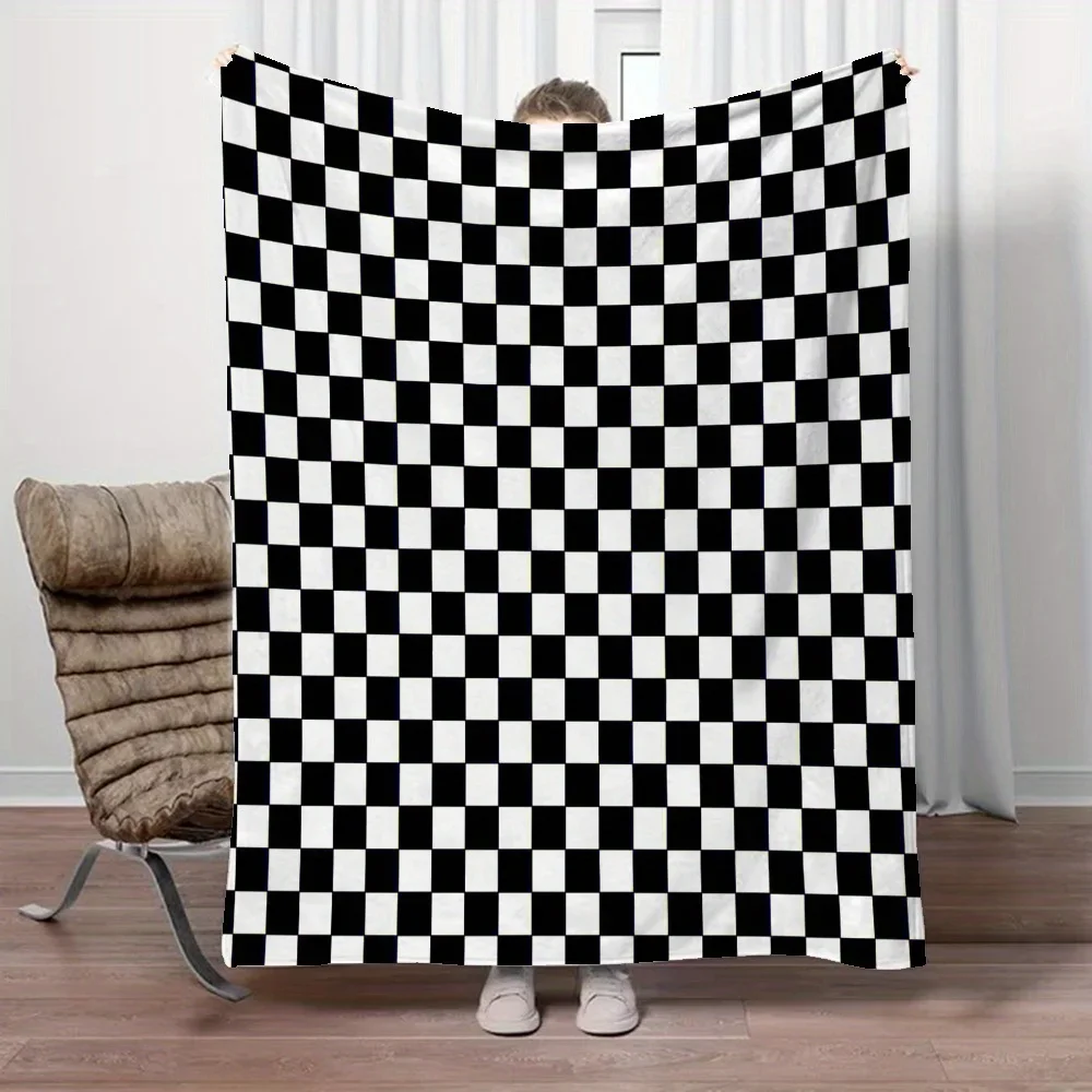 Schwarz-weiß karierte Flanelldecke im modernen Stil, 100 % Polyester – ideal für Sofa, Nickerchen, Klimaanlagen, Bettwäsche, Autogebrauch
