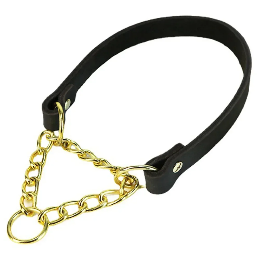 Heavy Duty Genuine Leather Dog Collar with Martingale Metal Chain No Pull Dog Training Collar Leather Martingale Collar for Dogs