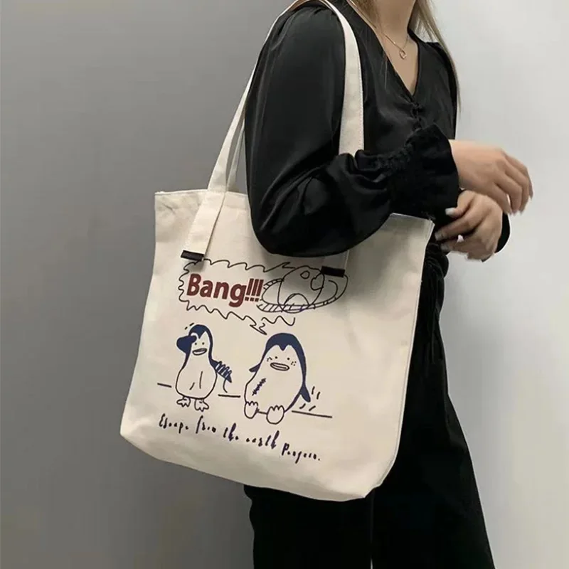 Women Canvas Shoulder Bag Zarxcop Bear Printing Ladies Casual Handbag Tote Bag Large Capacity Cotton Reusable Shopping Beach Bag