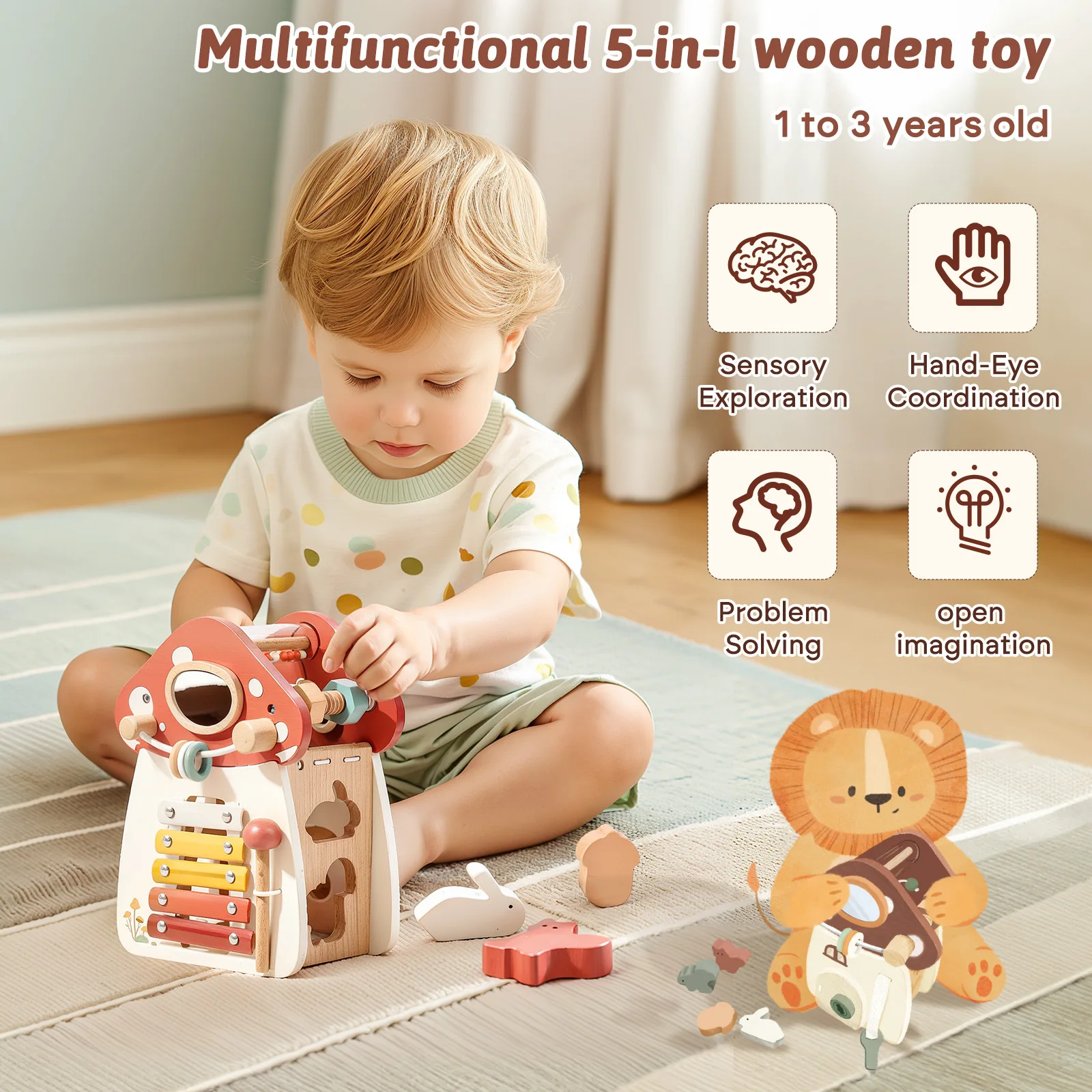 Early Learning Wooden Montessori Mushroom Shape 5-in-1 Educational Interactive Toy for Kids