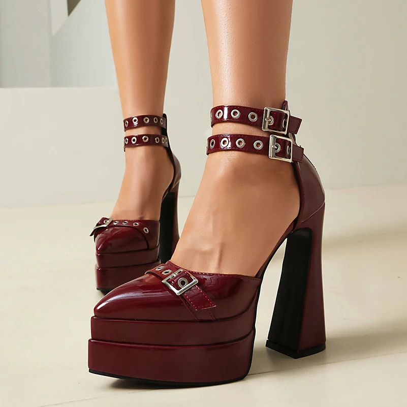 Three Row Metal Belt Buckle Metal Round Hole Pointed Double-Layer Platform Ultra-High Hollow Shaped Thick Heel Sexy Noble Sandal
