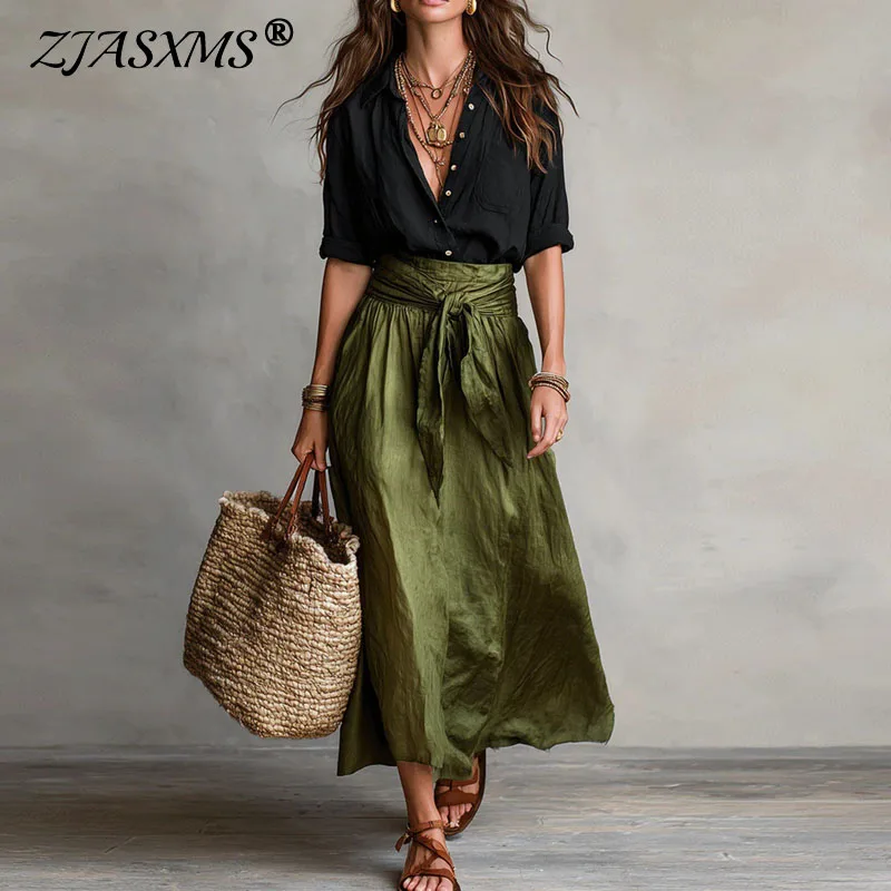 

Женский весенний однотонный костюм с длинным рукавом: сексуальная рубашка с отложным воротником на пуговицах и макси-юбка с завязками на талии, комплект из 2 предметов для отпуска