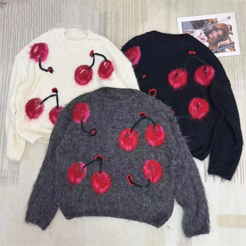 

Новый женский трикотаж с круглым вырезом и длинными рукавами, роскошный шерстяной пуловер с бисером K944, винтажный жаккардовый кашемировый свитер вишневого цвета, осень-зима