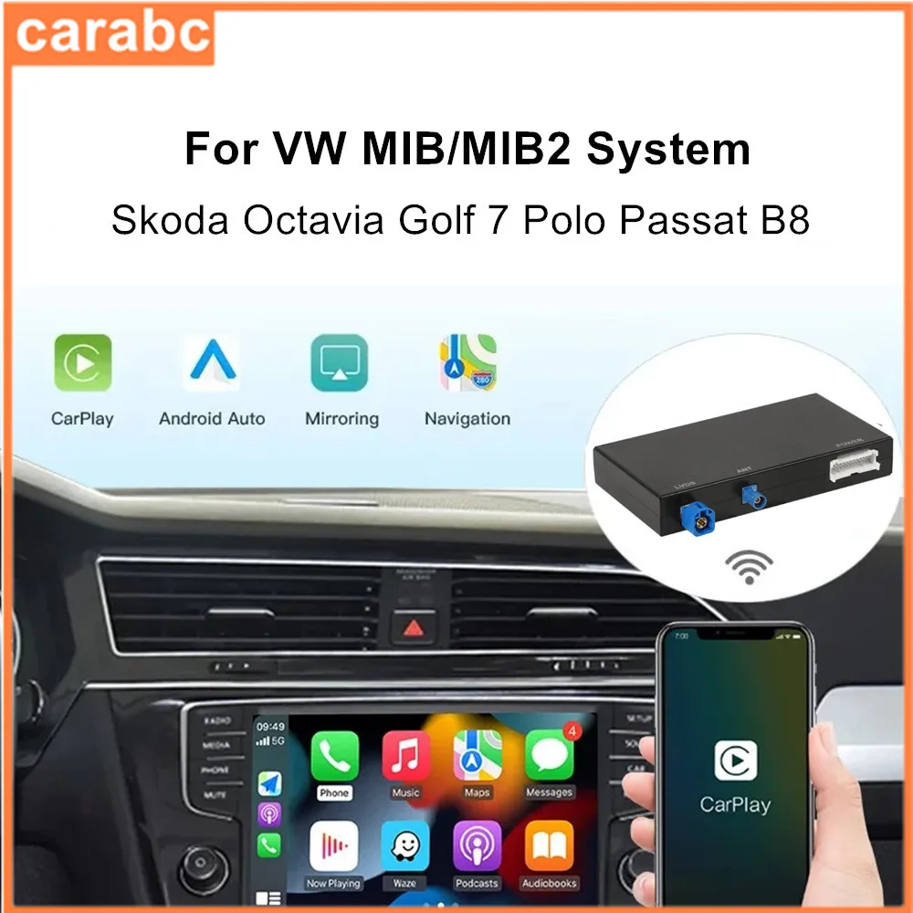 CARABC 무선 카플레이 안드로이드 오토 미러링크 에어플레이 폭스바겐 스코다 옥타비아 A5 골프 7 폴로 파사트 B8 MIB MIB2 지원