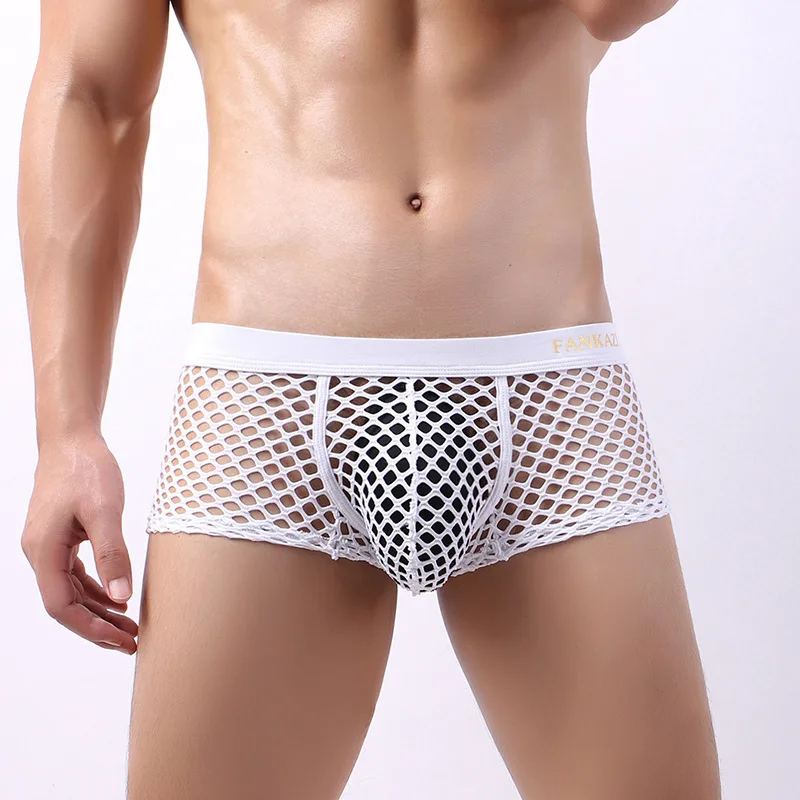 

Men Boxers Mesh Sexy Underwear Hollow Fishnet Sleepwear Lingerie See Through Low Waist Boxer Shorts Underpants