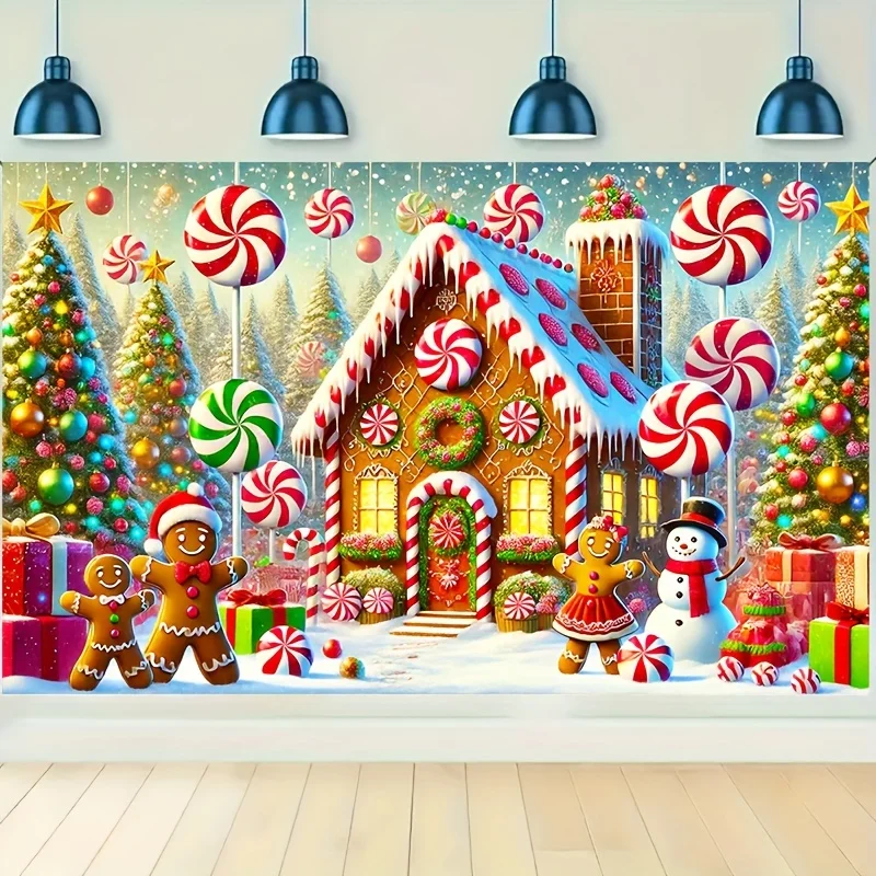 Weihnachts-Lebkuchenhaus und Schneemann mit Süßigkeiten-Hintergrund – Festival-Party-Dekoration und Fotografie-Hintergrund