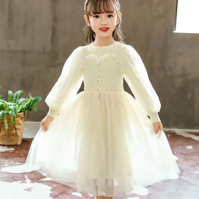 2025 New Girls Autumn Winter Cinderella Style Princess Dress Thick Knit Lace Skirt for Kids Little Girls Winter Party Wear 6
