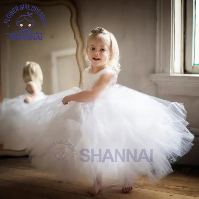 White Fluffy Baby Girl Dress Simple Children Kids Wedding Bridesmaid Birthday Party First Communion Flower Girl Dress