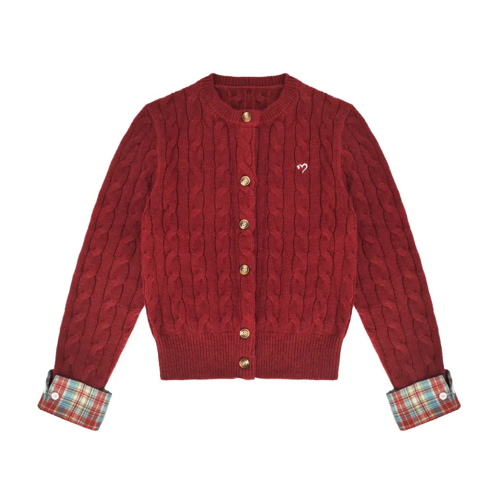 

Zhao Jinmai Vintage Red Wool Blended Sweater Embroidered Plaid Patchwork Knitted Cardigan College Style Women's Fashion