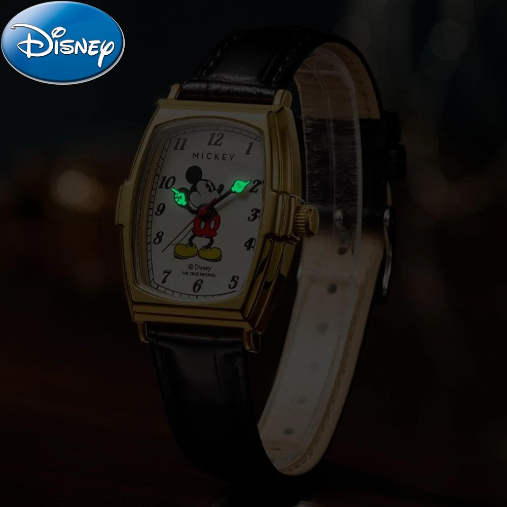 Disney ของขวัญกล่อง Mickey Mouse Luminous เข็มขัด Barrel นาฬิกาเด็กควอตซ์นักเรียนหญิงนาฬิกา Relogio Feminino