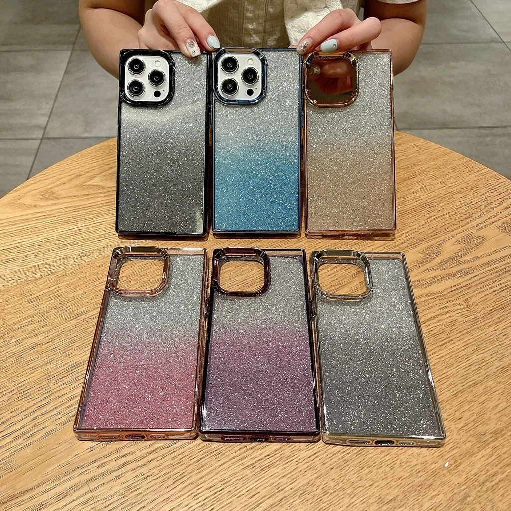 Stylish Color Gradient Glitter Plating Rectangle Shockproof Protective Phone Cover Case for iPhone16 15 14 13 12 11 Pro Max Plus