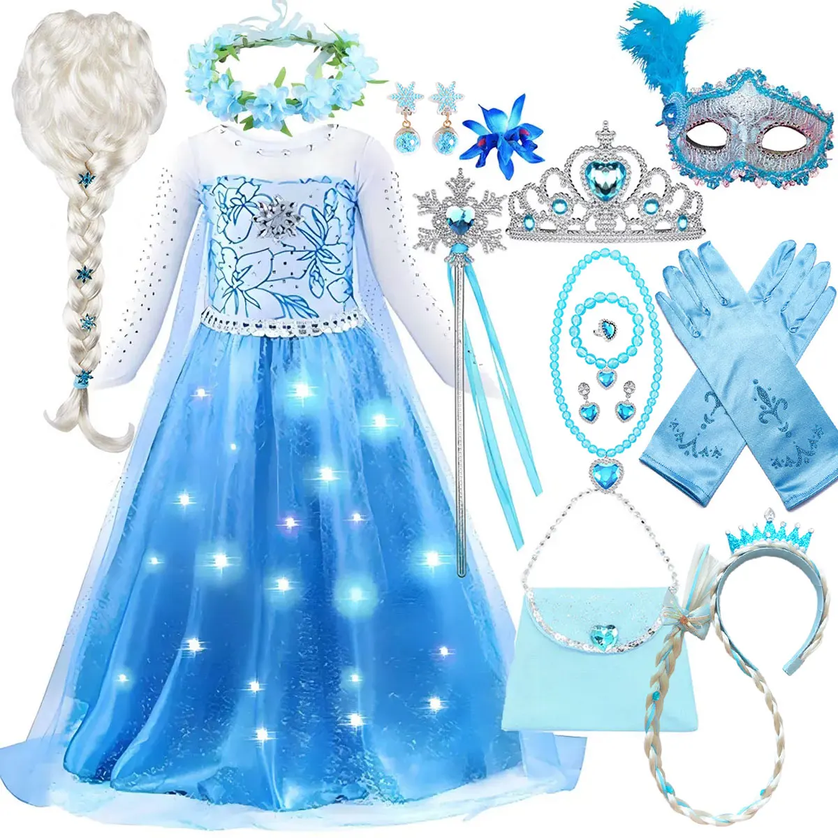 

Blue Ice Queen LED Light Up Princess Dress Girls Glowing Tulle Snowflake Halloween Birthday Party Gown Kids Cosplay Costume Suit