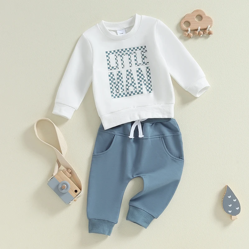 

Осенний комплект одежды для маленьких мальчиков, свитшот с длинным рукавом и круглым вырезом и буквенным принтом в клетку, топы, однотонные штаны, спортивный костюм, наряды
