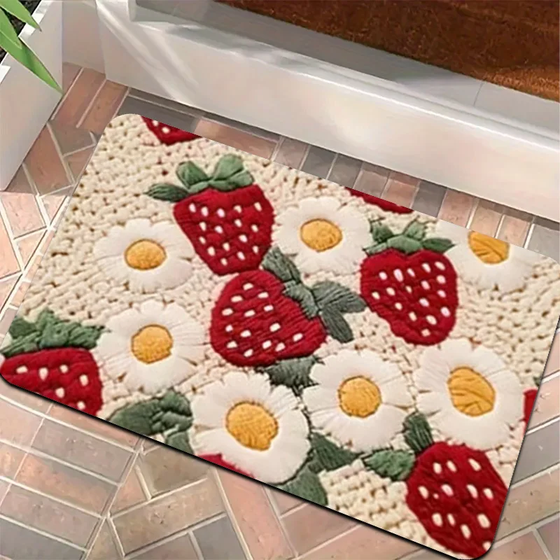 1pc 2D Flat Strawberries Daisies Knitted Texture Cute Fruit Flannel Door Mat Non Slip Cottagecore Rug For Entryway Kitchen Floor