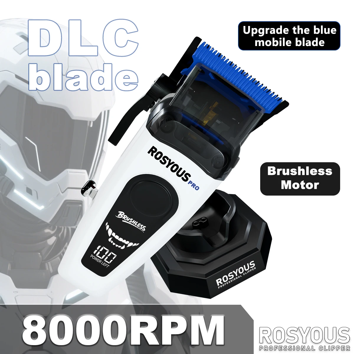 

Профессиональная электрическая машинка для стрижки волос ROSYOUS RSpro-106 с лезвием DLC, бесщеточным двигателем 8000 об/мин, зарядной базой и LED-дисплеем для парикмахерских