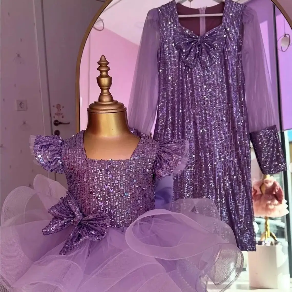 Vestido lila de mamá y yo para sesión de fotos, tutú para niña, vestido de cumpleaños con lentejuelas y tul de manga larga, vestido a juego para madre e hija