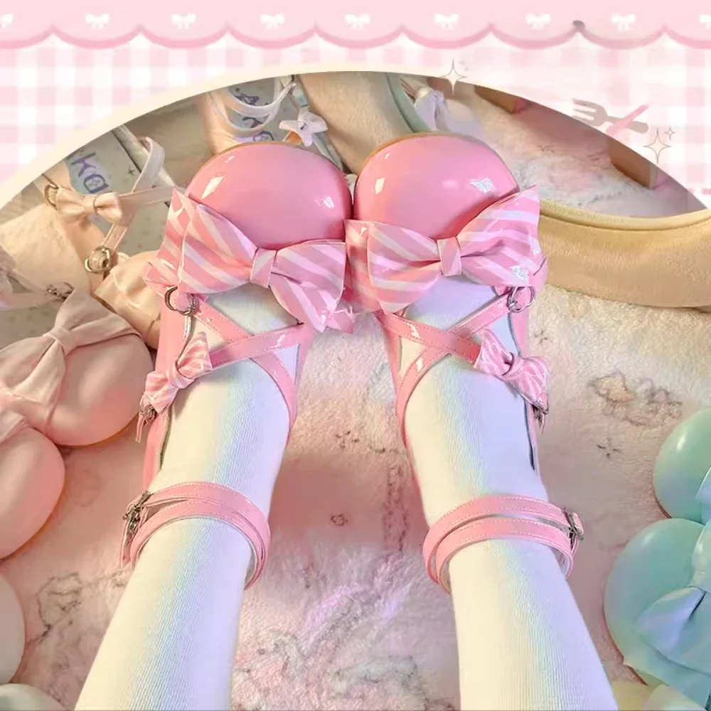 Sweet Girl Casual Lolita Platform Heels Japanese Kawaii Bow High Heel Elegant Princess Leather Shoes