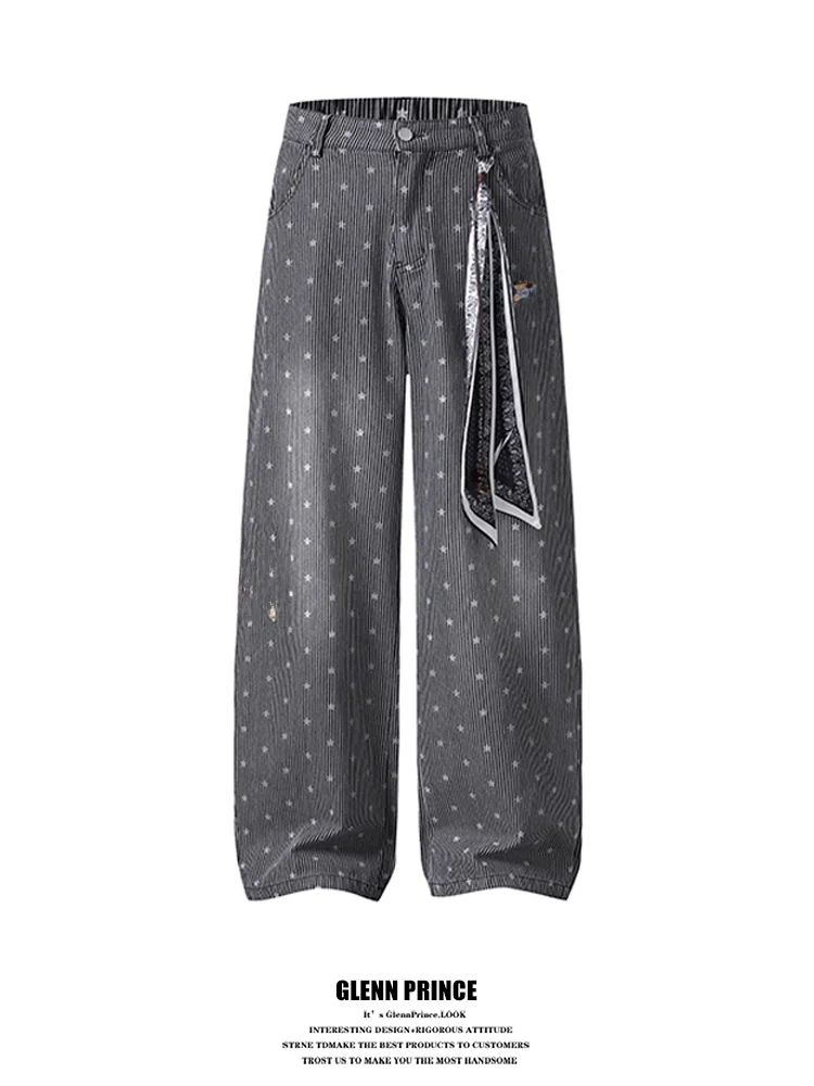 

Мужские джинсы GPstudio в корейском ретро-стиле с принтом «Звезды», повседневные, универсальные, облегающие, с широкими штанинами, свободного кроя