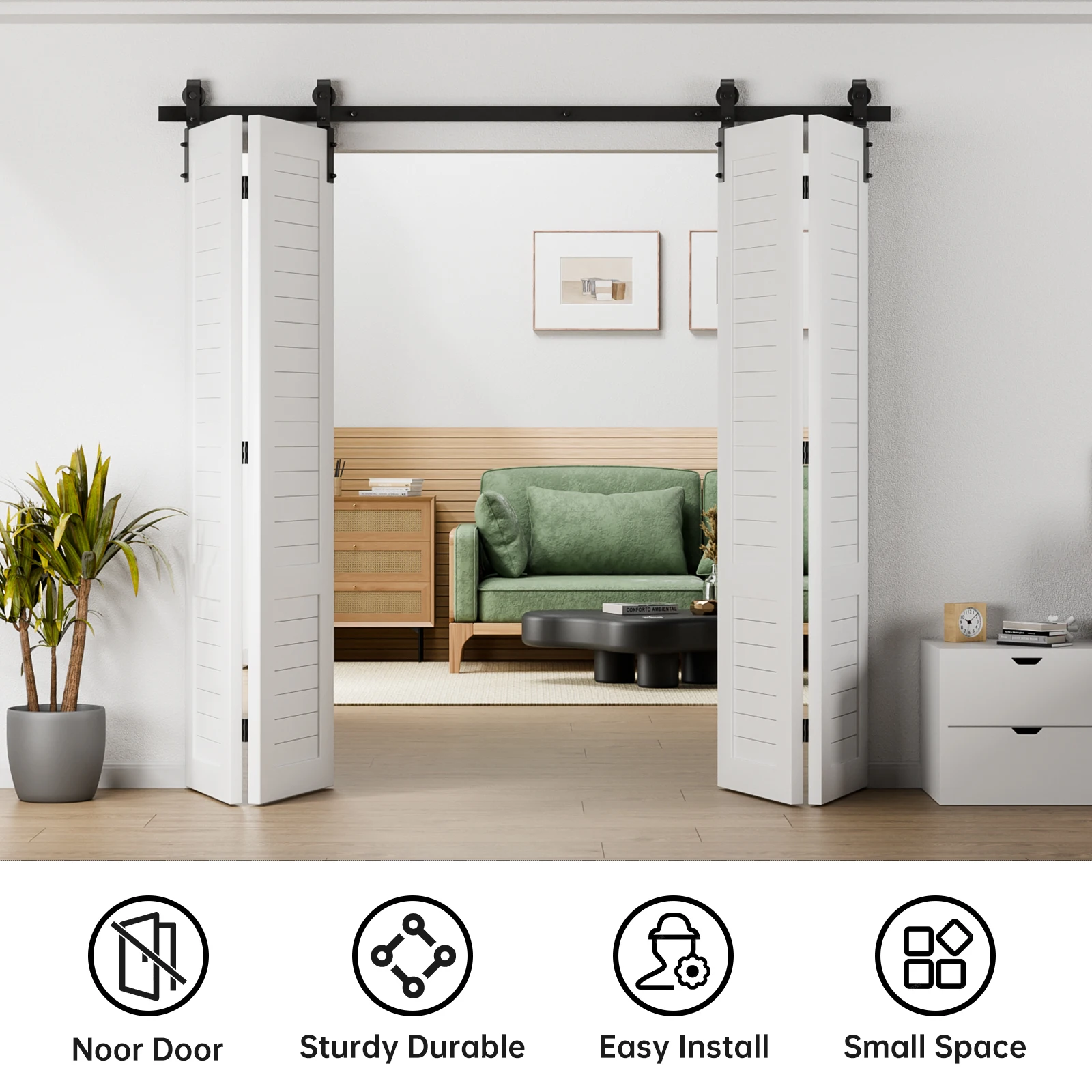 CCJH 6/6.6 Foot Double Folding Sliding Door Hardware Kit, Saving Soft, Quiet, And Sturdy Space, Easy To Install 4 Doors, Black