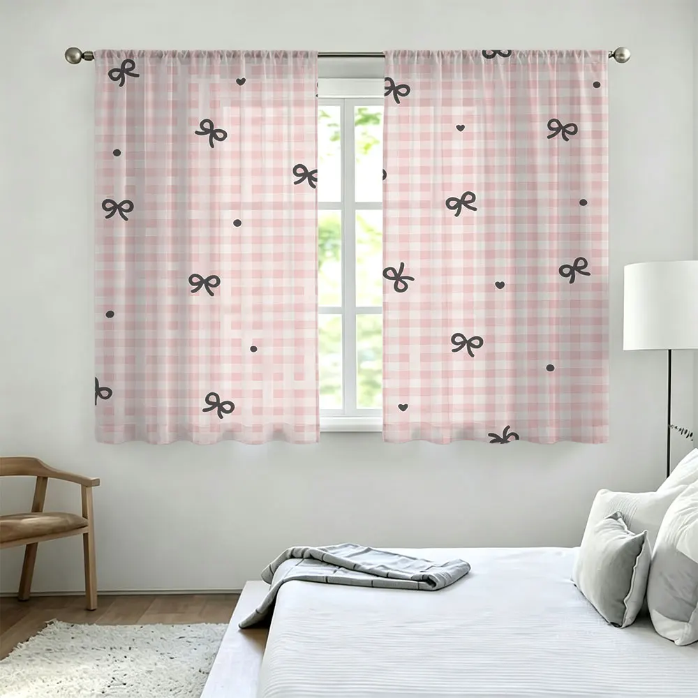 2pcs 90g Rod-Mounted Curtains, Featuring a Pink Gingham Bow and Heart Pattern, Ideal for Home Decoration