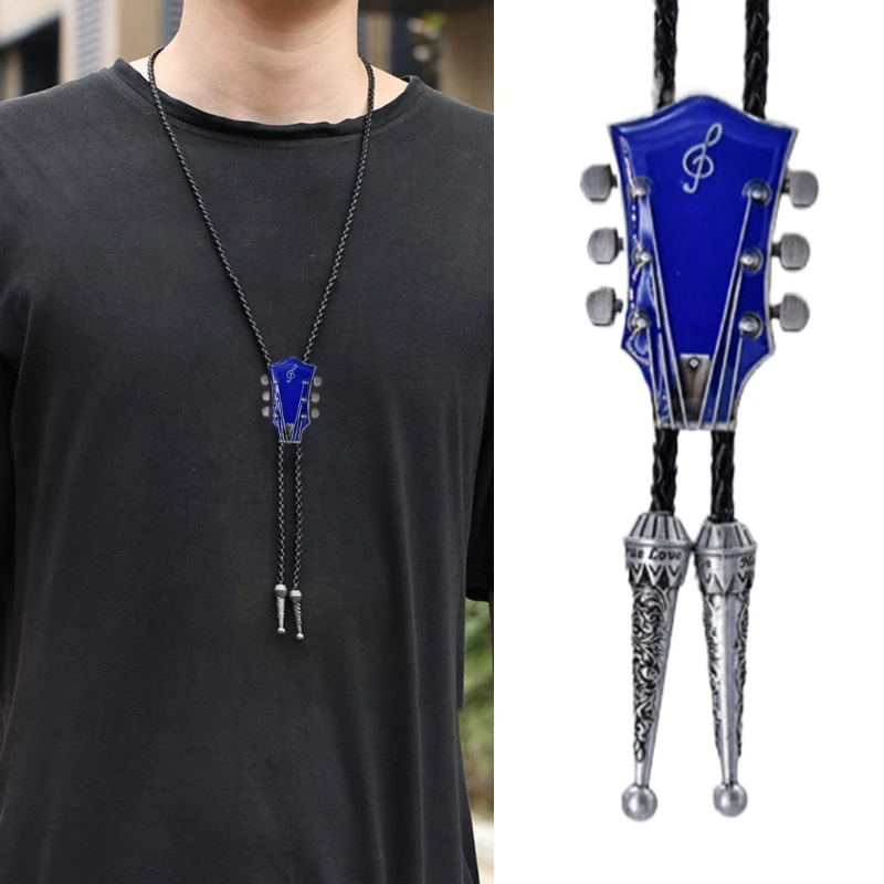 

Engraving Guitar Head Bolo Tie Carved Necktie for Shirt Jeans Western Necklace Braided Shoestring Necktie Bolo Tie