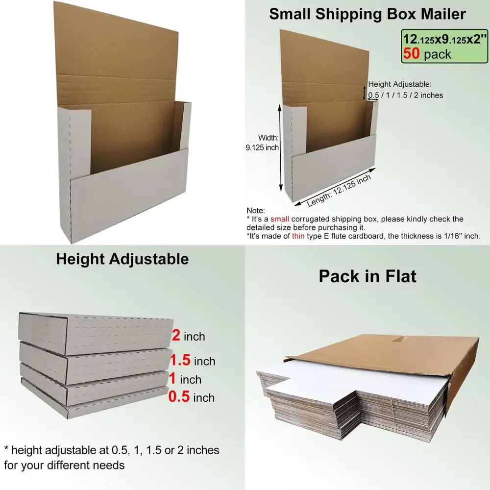 

50 Pack 12.125 x 9.125 x 2 Adjustable Height Corrugated Mailers for Books and Small Shipments - White