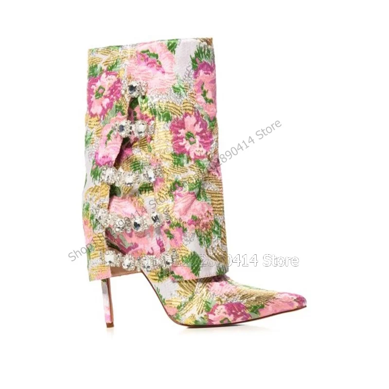 

Crystal Decor Mixed Color Floral Pointed Toe Boots Mid Calf Women Shoes Thin High Heels Novel Fashion 2023 Zapatos Para Mujere