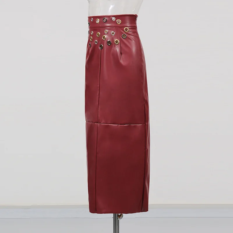 Fashion Women Burgundy PU Skirt American High Street Retro Slim Fit Autumn High Waist Split Metal Hollow Out Leather Skirts