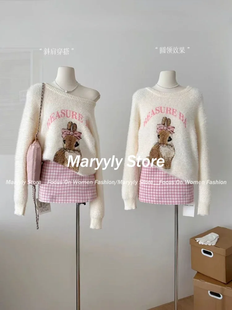 Winter Kawaii Knitted 2 Piece Set Women Casual Sweet Print Sweater + Plaid Skirt Suit Female Korean Fashion Vintage Cute Set New