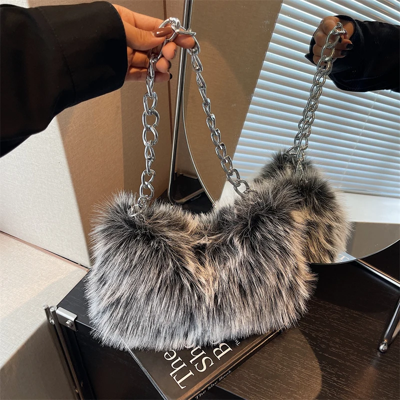 

Цього года, плюшевая женская сумка подмышками с цепочкой, пушистая универсальная сумка на плечо из искусственного меха, женская зимняя меховая сумка-тоут