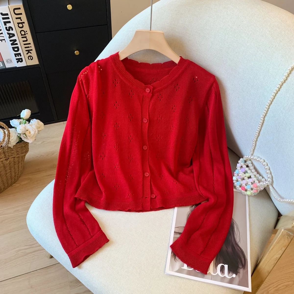 

Women's Red Hollow Out Knitted Cardigan Korean Versatile Thin Solid Long Sleeve Tops Coat New Simple Retro Sunscreen Shirt