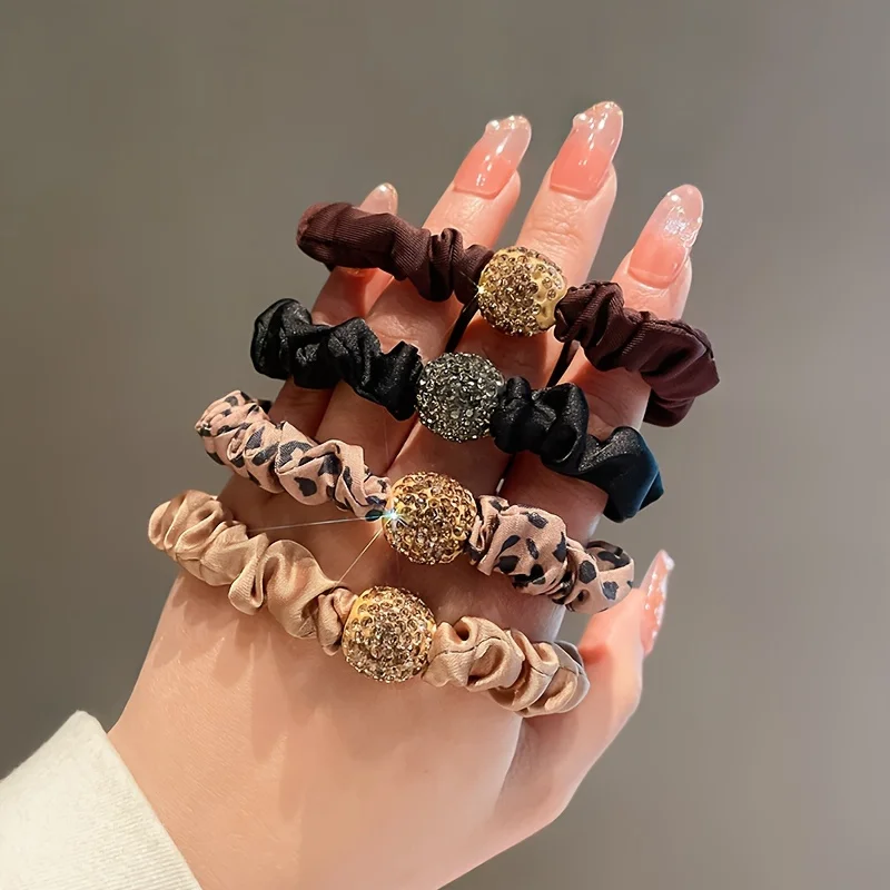 4 Stück/Beutel Mädchen Elastische Haarbänder Accessoires Modische Haargummis Leoparden-Pferdeschwanz Strass-Scrunchies für Frauen Haargummi