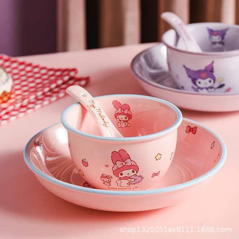 Sanrio Hello Kitty My Melody Anime Kawaii Ins miska ceramiczna Cute Cartoon Cinnamoroll Kuromi miska na zupę sztućce prezenty dla dzieci