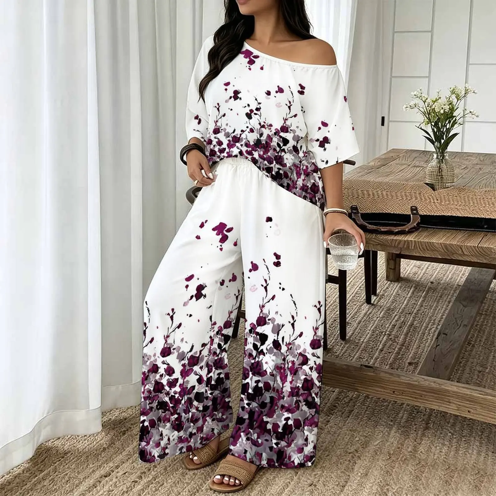 Plus Size Vintage Print Two Piece Set Ladies Casual Sloping Shoulders Short Sleeved Elegance Tops Everyday Street Sport Pants