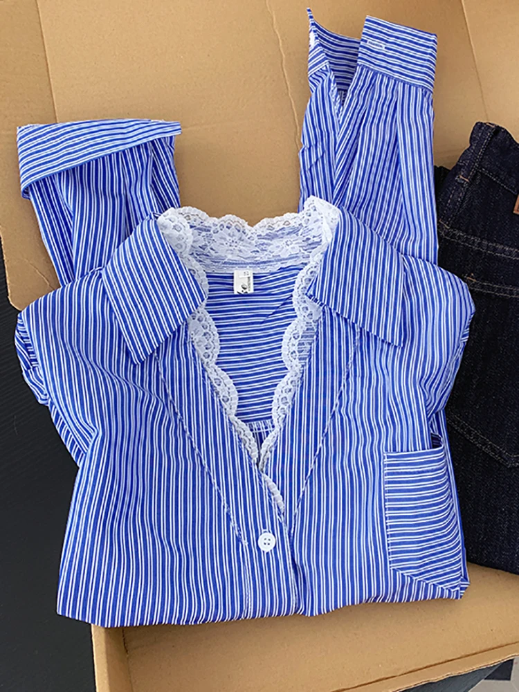 

Корейская женская осенняя блузка в стиле ретро с кружевными вставками и полосками, с длинным рукавом, V-образным вырезом, дышащая, удобная, из полиэстера