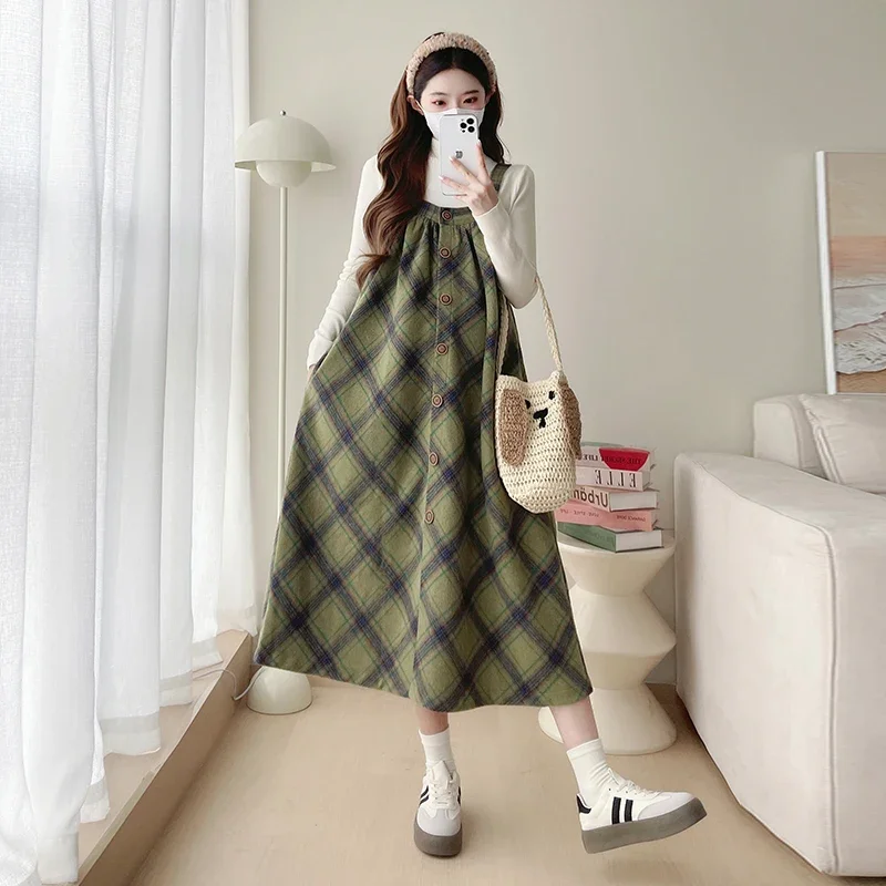 Plus Size Maternity Dress Suits Autumn Long Sleeve Slim Shirt+green Plaid Strap Dress Twinset Fashion Pregnant Woman Clothes Set