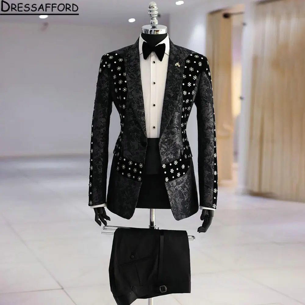 Black Jacquard Weave Men Suits Crystal Groom Wedding Tuxedos 2 Pieces Sets Dinner Prom Blazers Terno Masculino Completo