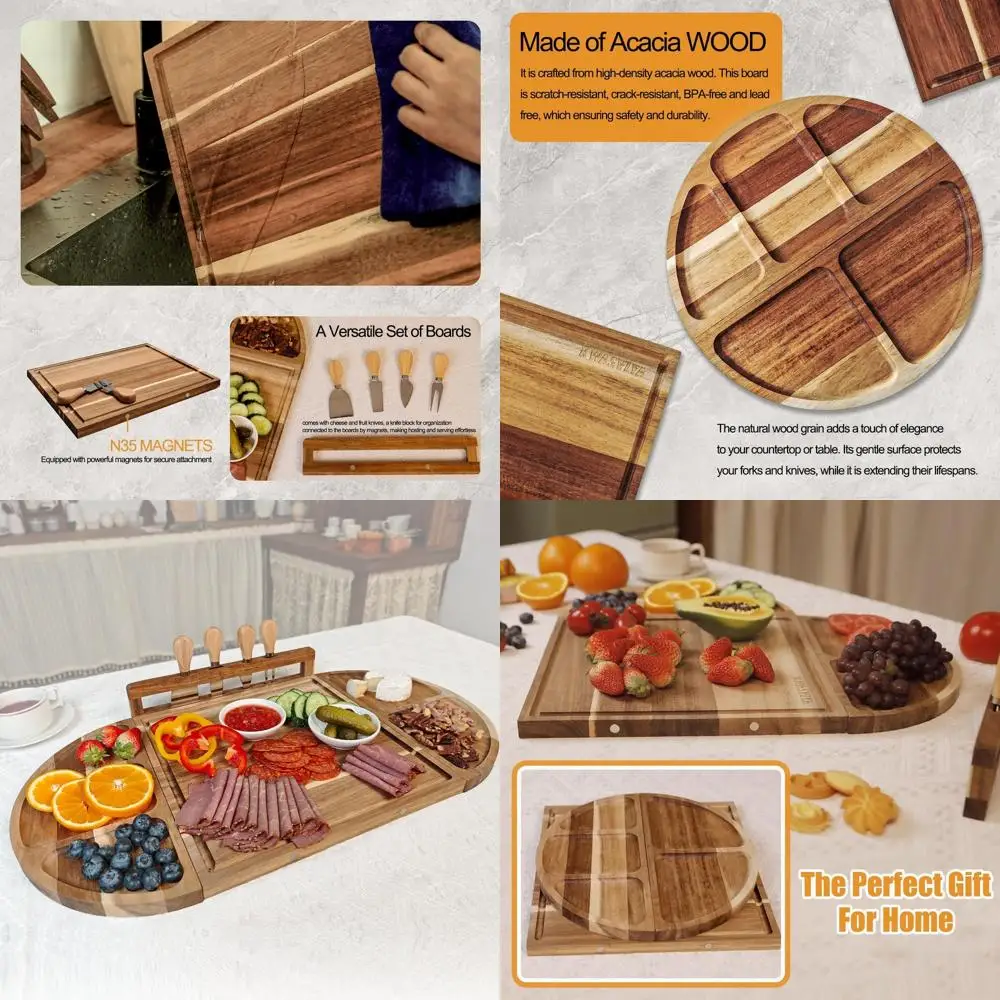 

Acacia Wood Charcuterie Board Set, 26x13 Inches, 4 Color-Coded Cutting Mats, Juice Grooves, Modular Design for Wedding Gifts, No