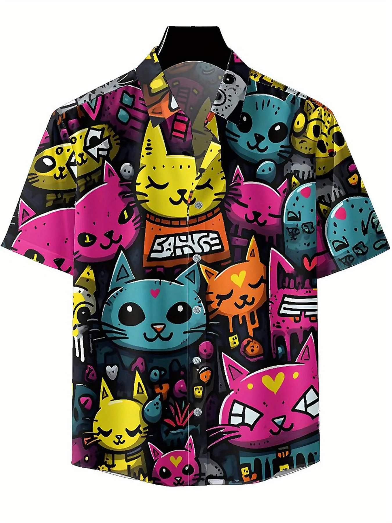 Men's Plus Size Hawaiian Shirts Cat Graffiti pattern,Unisex Baggy Aloha Shirts,summer Alternative Clothing