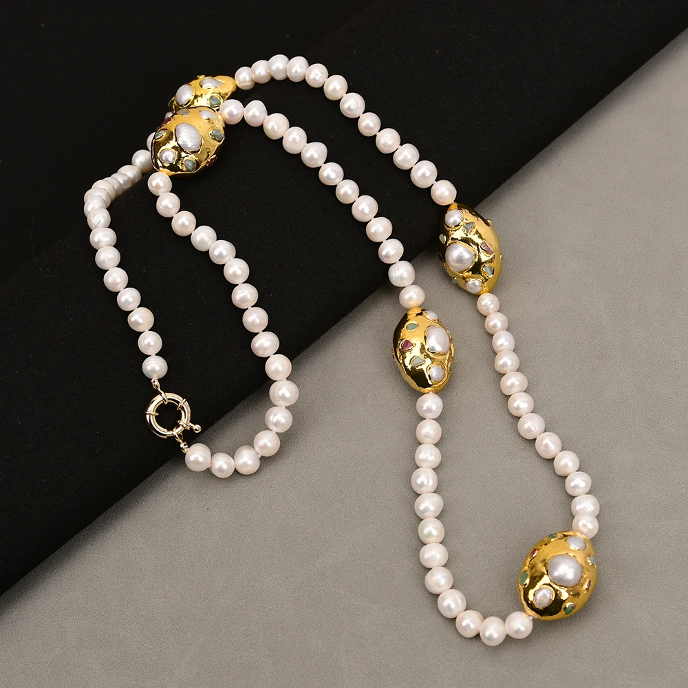 

G-G 34'' Natural White Round Pearl Long Necklace Gold Plated Keshi Pearl Tourmaline Paved Pendant